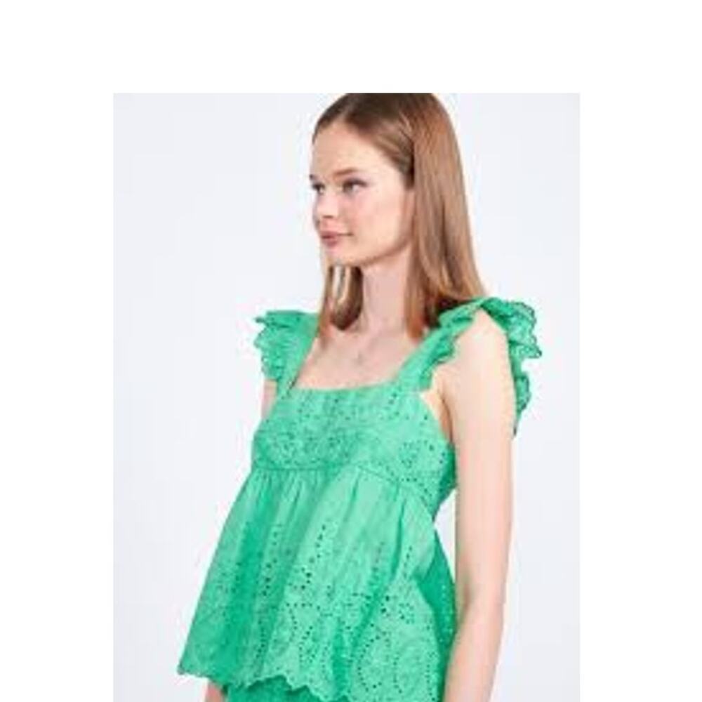 EMORY PARK Eleanor Ruffle Sleeve Eyelet Top in Green Large  / L FEMININE